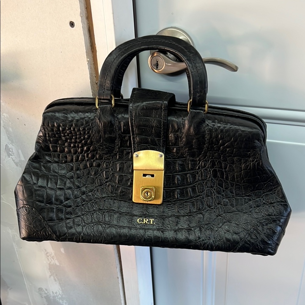 Black Leather Satchel with Crocodile Embossed Texture